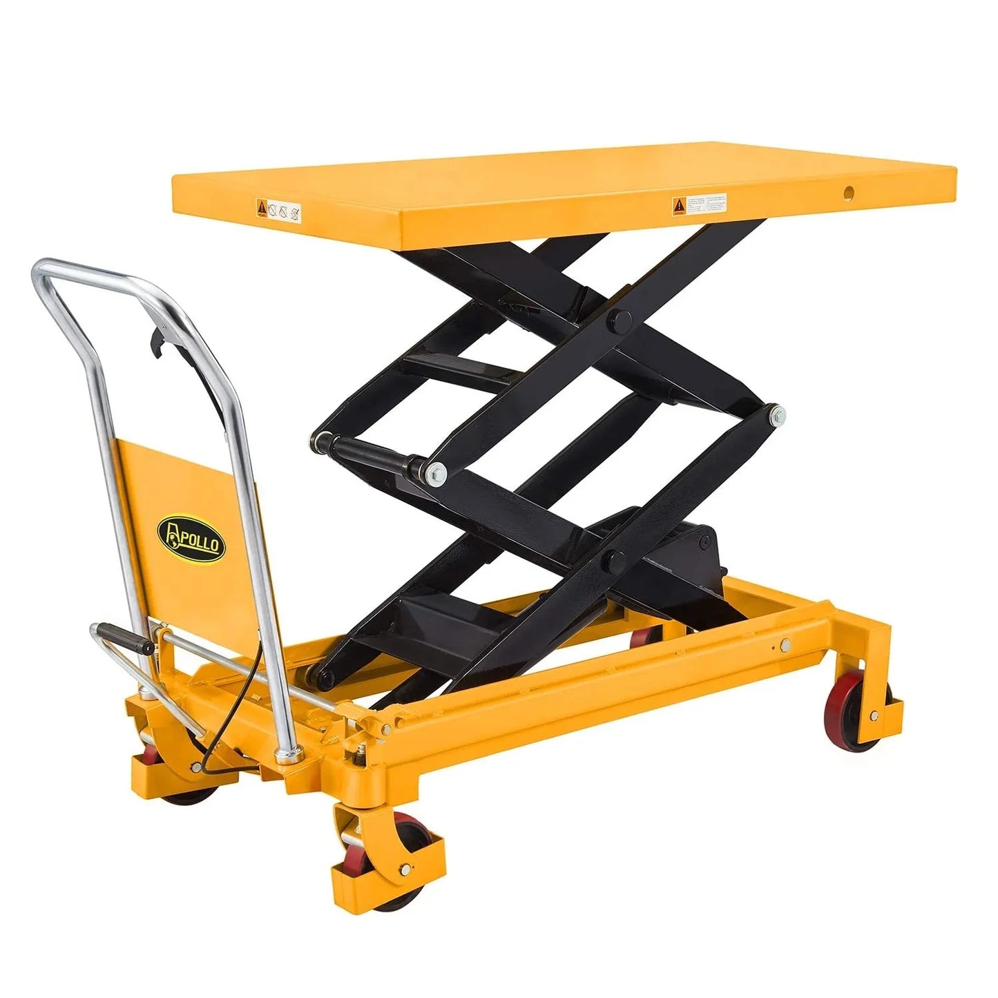Hydraulic lifting table trolley – load capacity 350 kg, maximum height 130 cm, double scissor lift table with safety device and 4 wheels