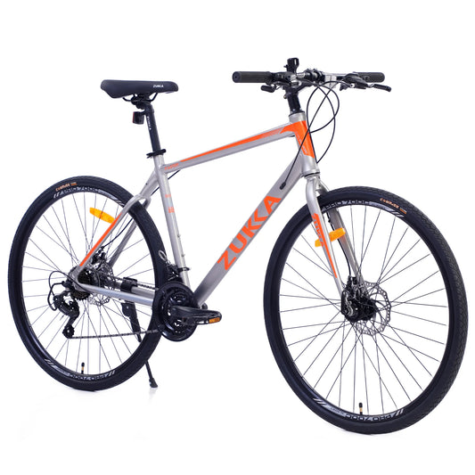 28 inch Hybrid Bike Men, Road Bike with Shimano 21 Speed, 700C Wheels, Comfort Adult Bicycle with Dual Disc Brake, 21” Lightweight Aluminium Frame, Suggested Rider 5’6′′ to 6’2′′ Tall- Silver+Orange