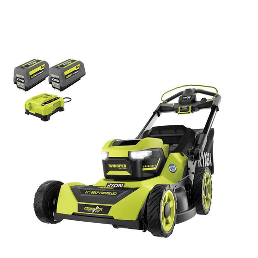 Ryobi 40V HP Brushless 21-in Self-Propelled AWD Lawn Mower �� Whisper Series �� Includes (2) 6.0Ah Batteries and Charger