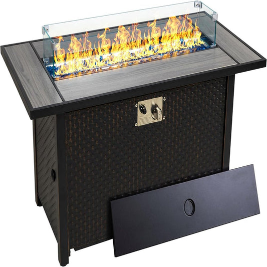 Walsunny 45′′ Steel Propane Fire Pit Table, 50,000 BTU, Rattan Design, 2-in-1 Patio Table with Lid, Lava Rock, and Glass Wind Guard(Default Title)