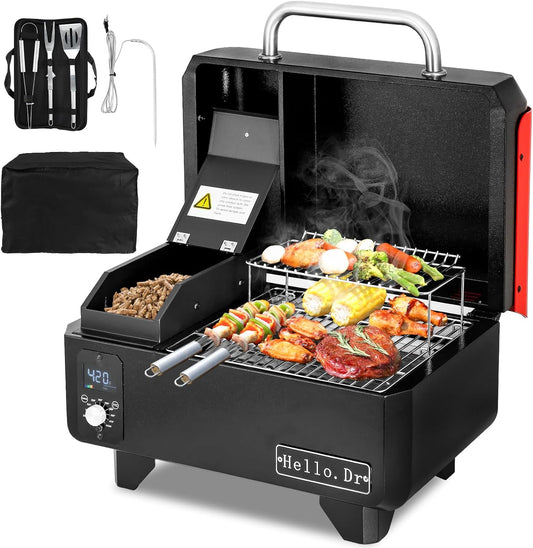 Hello.Dr Portable Wood Pellet Grill  Smoker, 8-in-1 Electric BBQ with Intelligent Temp Control, Ideal for RV Camping  Tailgating, Black(Default Title)