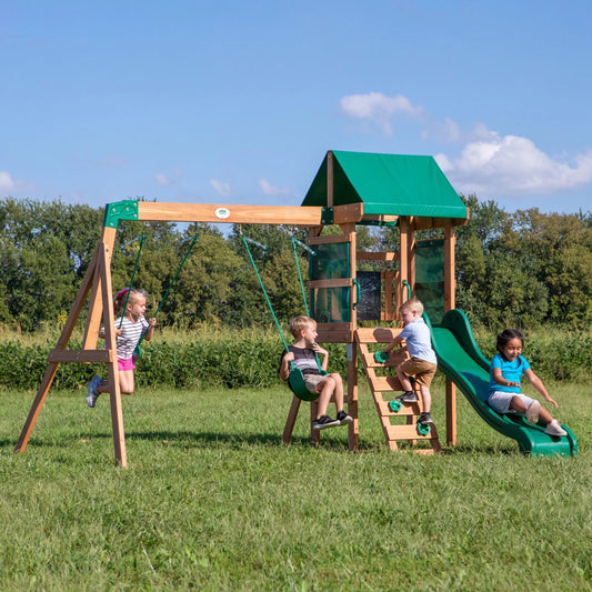 Backyard Discovery Buckley Hill Cedar Wood Swing Set with Two Belt Swings  Shaded Deck(Default Title)