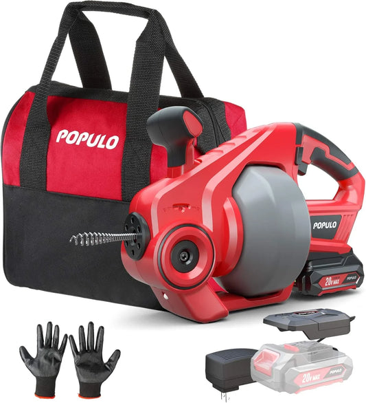 20V Cordless Electric Drain Auger-Efficient 25Ft Auto-Feed Drain Snake with Replaceable Cable,2.0Ah Battery,Charger,Storage Bag  Gloves for Kitchen,Bathroom,Shower Pipes (3/4"-2")"(whole machine)