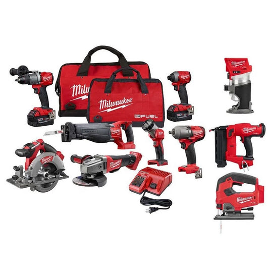 Milwaukee M18 FUEL 18-Volt Lithium-Ion Battery Combo Set (10-piece) with brushless motor, 2025, including 2 x 5.0 Ah batteries, charger and 2 tool bags.