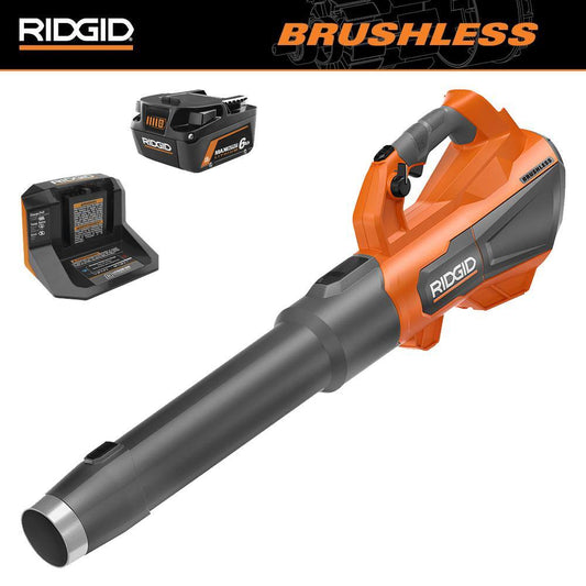 RIDGID 18V Brushless Cordless Leaf Blower, 510 CFM, 130 MPH, with 6.0Ah Battery  Charger(Default Title)