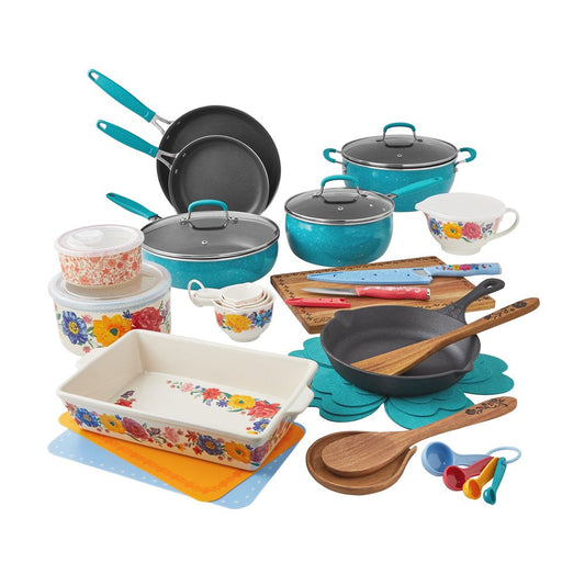 The Pioneer Woman Brilliant Blooms 38-Piece Cookware Set, Teal �C Complete Kitchen Solution with Floral Design