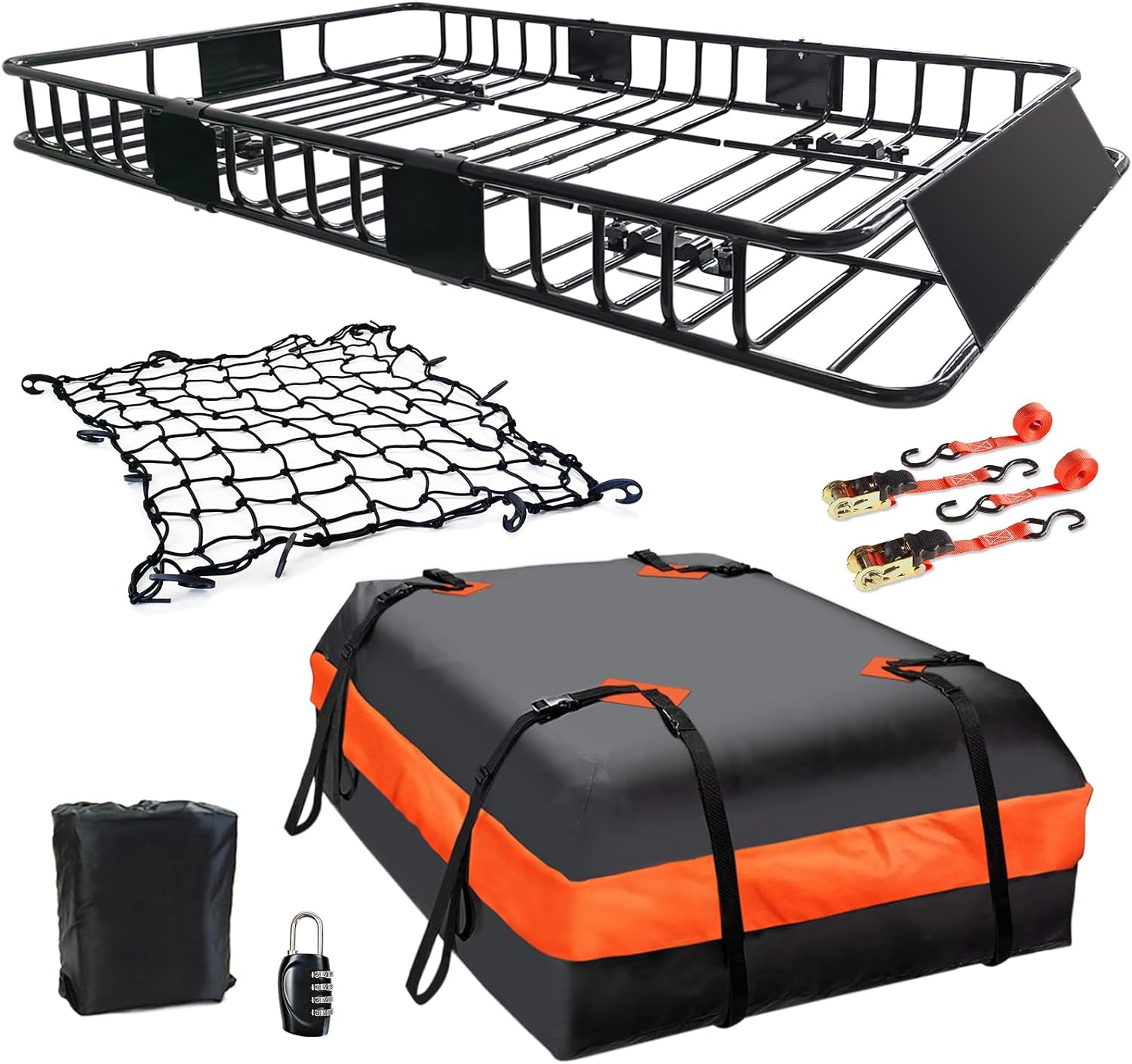 Folding hitch mounted cargo basket 60" With hook stabilizer, net and straps(ROOF BASKET 65)