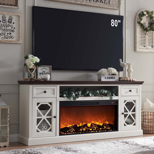 SinCiDo Farmhouse Fireplace TV Stand with 36" Electric Fireplace for 80 Inch TVs, 31" Tall Entertainment Center w/Drawer  Diamond Panel Door, Highboy Media Console for Living Room, 70inch, White(white)