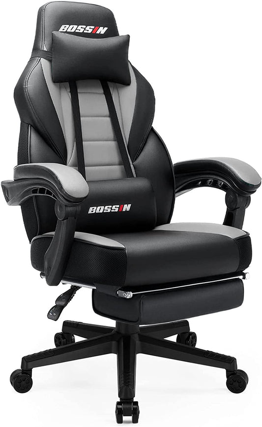 BOSSIN Ergonomic Gaming Chair with Footrest, Headrest  Lumbar Support, Reclines 90-155°, PU Leather, 300 lbs Capacity(Default Title)