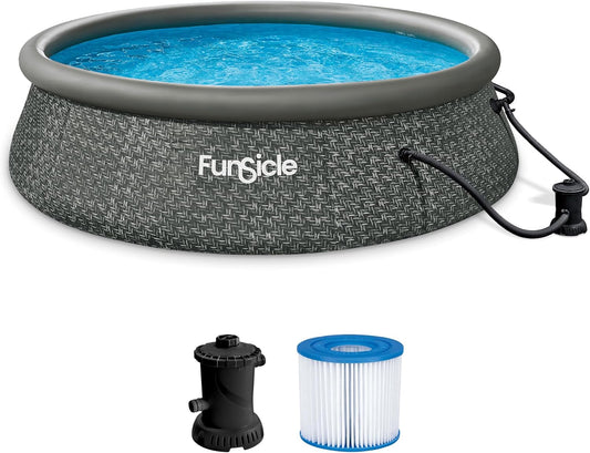 Funsicle 12 Foot by 36 Inch Quickset Round Inflatable Ring Top Outdoor Above Ground Swimming Pool Set with Pump and Cartridge Filter, Dark Herringbone(12' x 36")