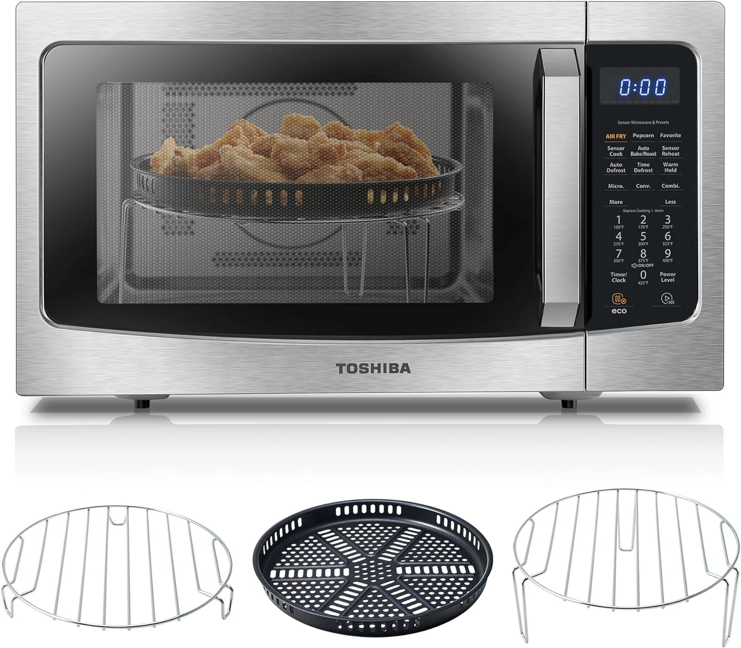 TOSHIBA 4-in-1 ML-EC42P(SS) Countertop Microwave Oven, Smart Sensor, Convection, Air Fryer Combo, Mute Function, Position Memory 13.6" Turntable, 1.5 Cu Ft, 1000W, Silver(Air Fry-1.5 Cu. Ft.-Silver)