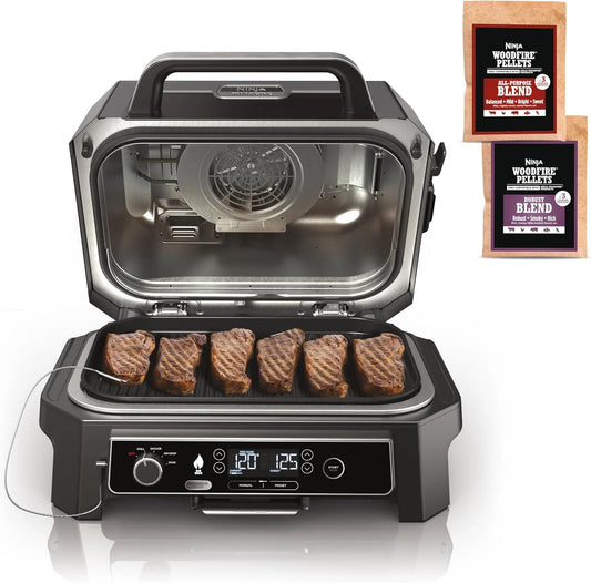 Ninja, Woodfire Pro XL Outdoor Grill  Smoker, Thermometer, 4-in-1 Master Grill, BBQ Smoker, Outdoor Air Fryer, Bake, Portable, Electric Grill, Dark Grey, OG850(XL Grill+Thermometer)