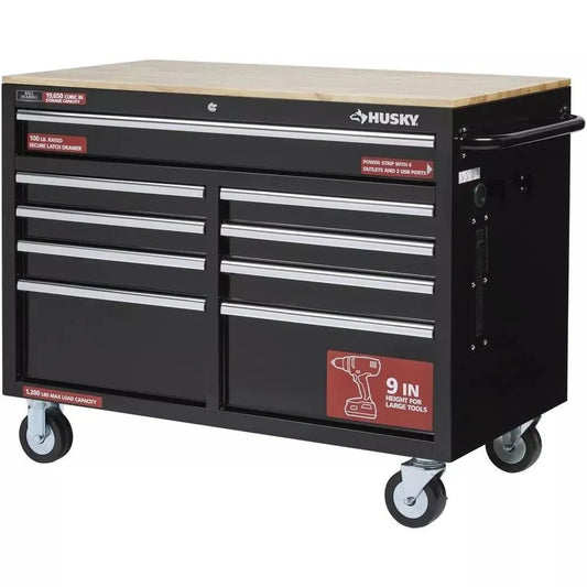 Gloss Black 46′′ 9-Drawer Mobile Tool Chest Workbench with Wood Top  Power Strip