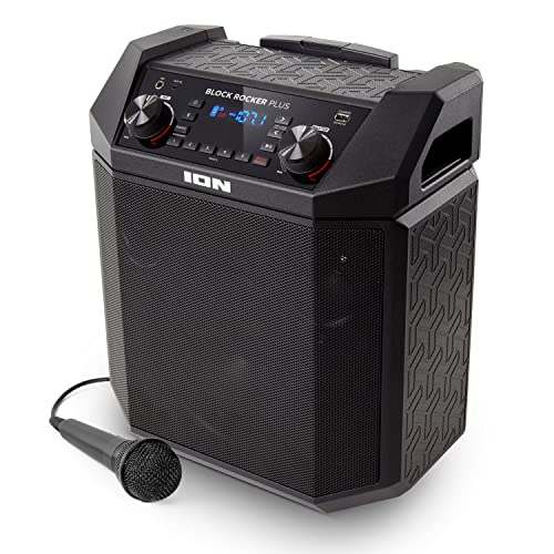 ION Audio Block Rocker Plus – Portable Bluetooth Speaker 100W W/Battery, Karaoke Microphone, AM FM Radio, Wheels  Telescopic Handle and USB Charging