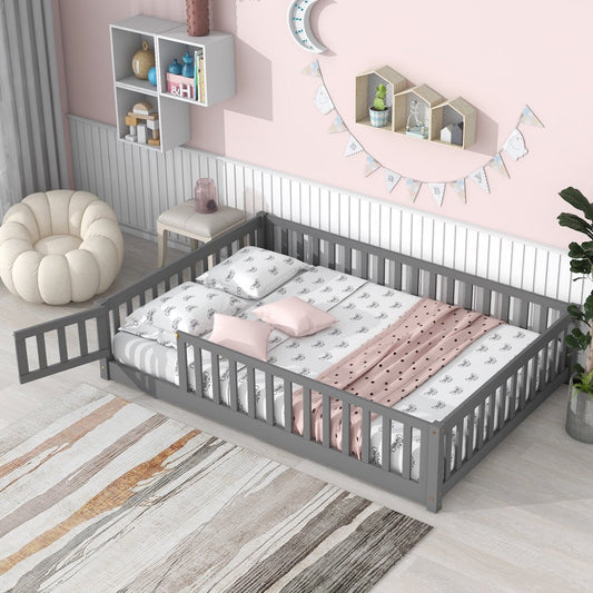 Uhomepro Full Size Kids Floor Bed with Fence  Door, Pine Wood, Playhouse Design(Default Title)