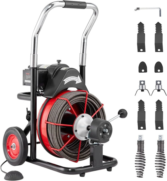 Drain Cleaner Machine 100FT x 1/2 Inch, Auto Feed Sewer Snake Auger on Wheels, 550W Portable Drain Cleaning Machine with 8 Cutters  Air-activated Foot Switch for 2" to 4" Pipes(100FT x 1/2 Inch)
