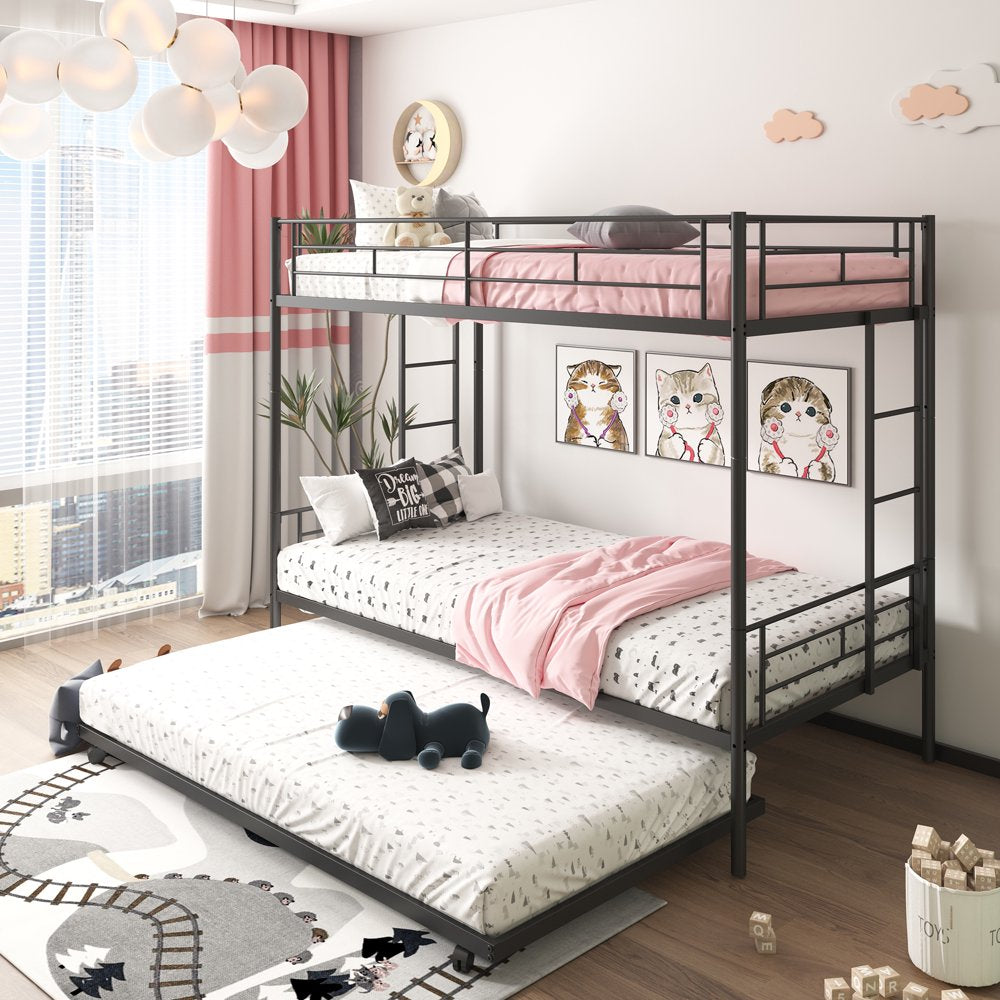 Uhomepro Twin Over Twin Metal Bunk Bed with Trundle, Steel Frame, Black/Silver, for Kids  Teens(Default Title)
