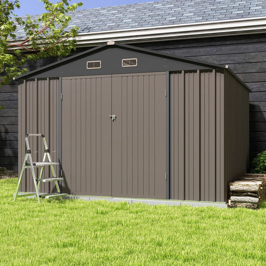 Patiowell 10×10 ft Metal Outdoor Storage Shed, Sloping Roof, Double Lockable Doors, Coffee Brown(Default Title)