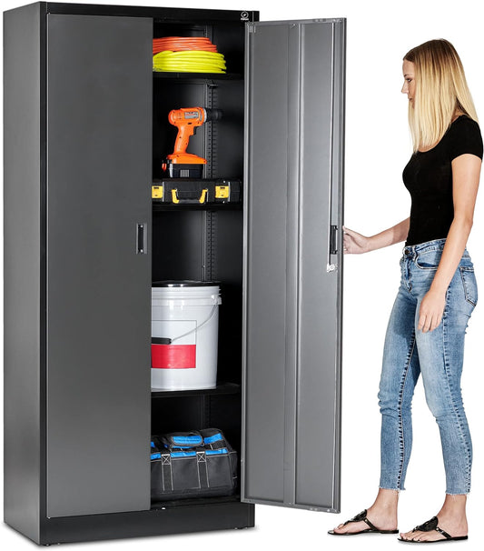 Heavy Duty Metal Garage Locker - 71 "tall large steel multipurpose locker with adjustable shelves and door locks - black and silver