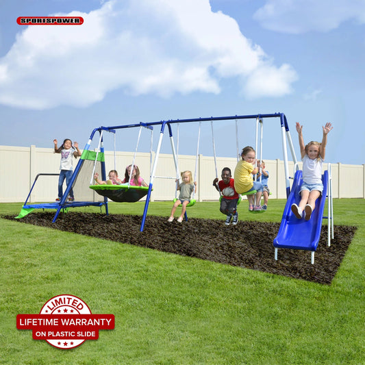 Sportspower Mountain View Metal Swing Set – Glide Ride, Saucer, Trampoline  Slide with Lifetime Warranty(Default Title)