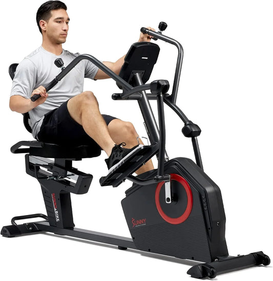Sunny Health  Fitness Electromagnetic Recumbent Cross Trainer Exercise Elliptical Bike w/Arm Exercisers, Easy Access Seat  Exclusive SunnyFit庐 App Enhanced Bluetooth Connectivity - SF-RBE4886SMART��