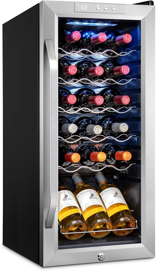 18 Bottle Compressor Wine Cooler Refrigerator w/Lock, Large Freestanding Wine Cellar For Red, White, Champagne or Sparkling Wine, 41f-64f Digital Temperature Control Fridge Glass Door Black(Default Title)