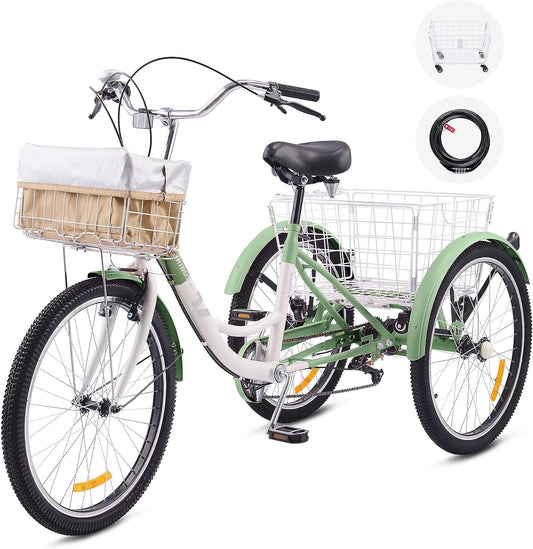 Viribus Adult Tricycle 7-Speed, 24′′ Wheels, High Carbon Steel Frame, Front  Rear Baskets, Adjustable Saddle(Default Title)