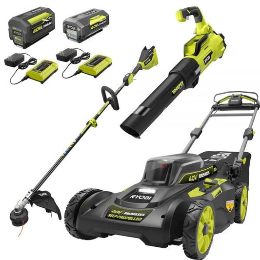 RYOBI 40V Brushless 20 in. Walk Behind Self-Propelled Mower/String Trimmer/Leaf Blower with (2) Batteries and (2) Chargers(Default Title)
