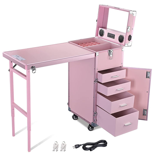 Byootique Portable Nail Desk  Makeup Station with Mirror, 4 Drawers, Bluetooth, USB, Pink(Default Title)